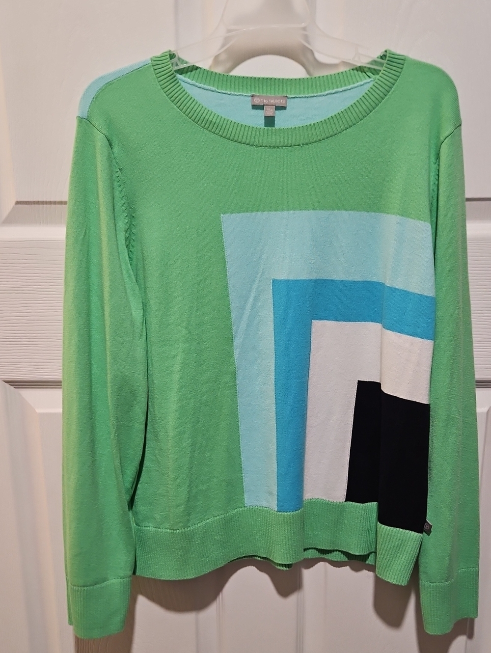 Talbots Green Geometric Crewneck Sweater with Aqua and Black Accents